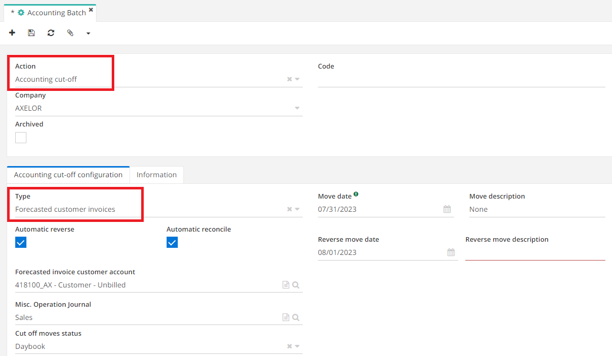 1.2 In the accounting routine file, fill in the Action, Type, Accounting journal, and other fields.